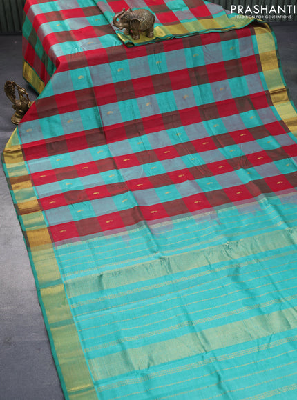 Silk cotton saree red and teal green with allover paalum pazhamum checks & paisley zari buttas and zari woven border