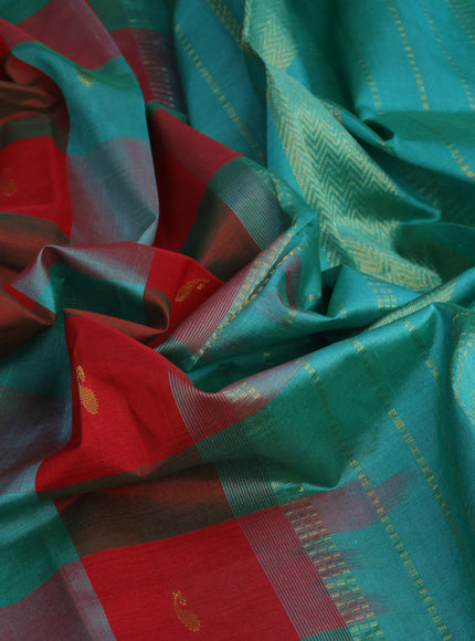 Silk cotton saree red and teal green with allover paalum pazhamum checks & paisley zari buttas and zari woven border