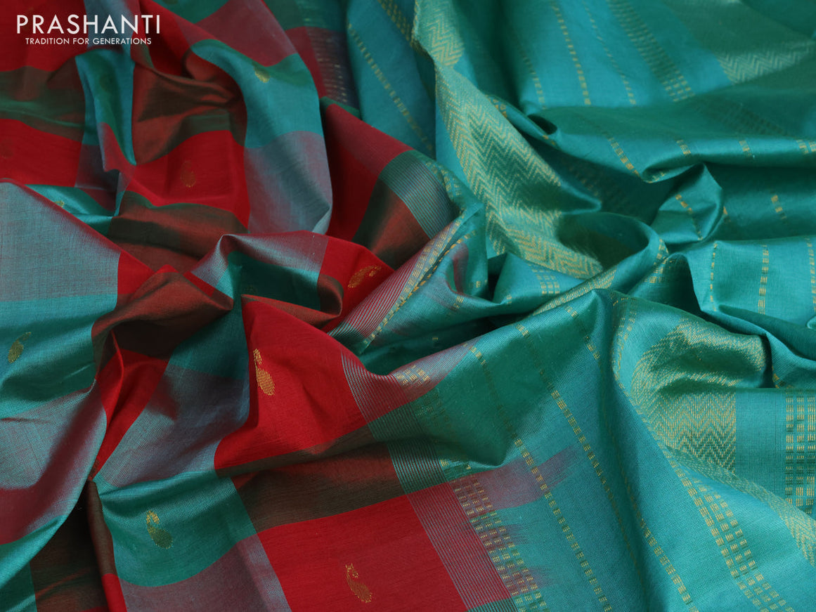 Silk cotton saree red and teal green with allover paalum pazhamum checks & paisley zari buttas and zari woven border