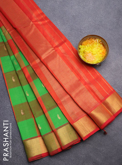 Silk cotton saree light green and red with allover paalum pazhamum checks & paisley zari buttas and zari woven border