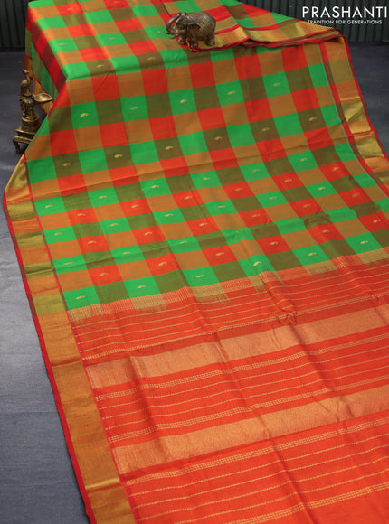 Silk cotton saree light green and red with allover paalum pazhamum checks & paisley zari buttas and zari woven border