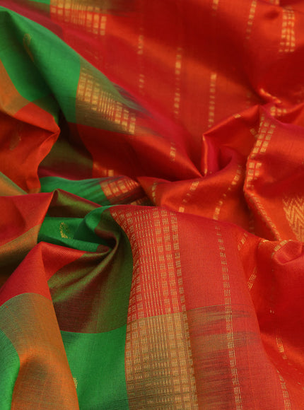 Silk cotton saree light green and red with allover paalum pazhamum checks & paisley zari buttas and zari woven border