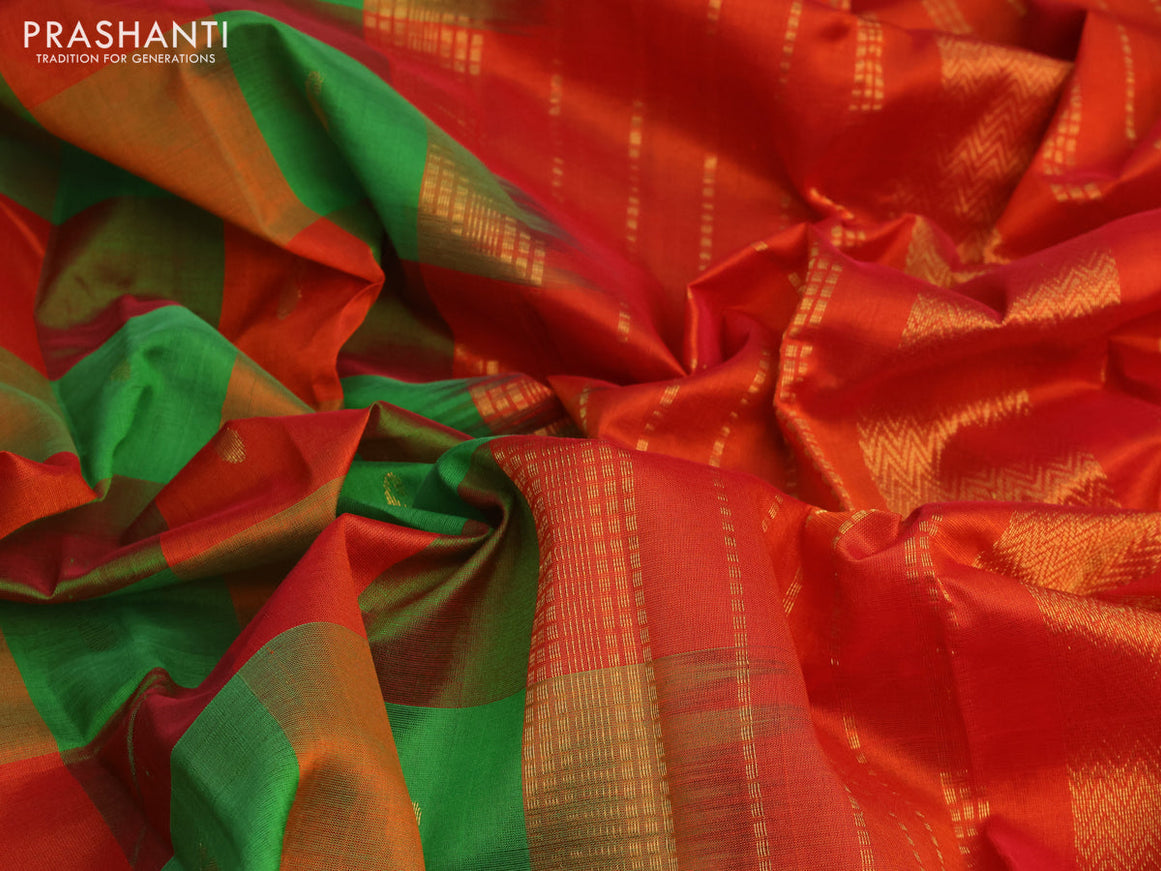 Silk cotton saree light green and red with allover paalum pazhamum checks & paisley zari buttas and zari woven border