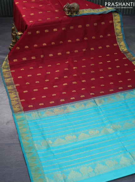 Silk cotton saree maroon and teal green with paisley & annam zari woven buttas and annam & temple design zari woven border