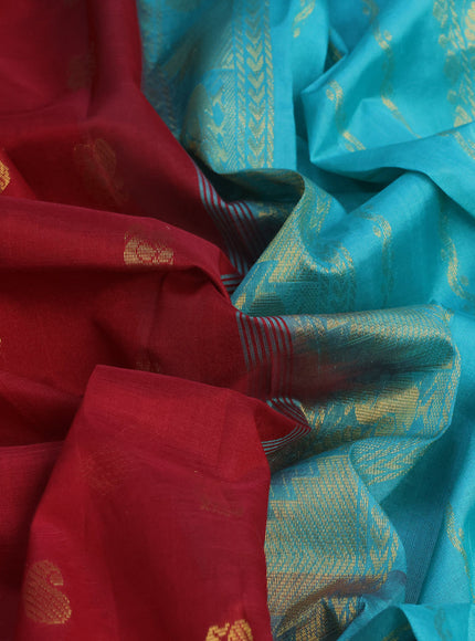 Silk cotton saree maroon and teal green with paisley & annam zari woven buttas and annam & temple design zari woven border