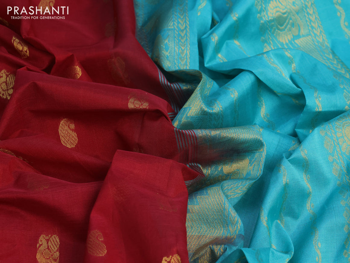 Silk cotton saree maroon and teal green with paisley & annam zari woven buttas and annam & temple design zari woven border