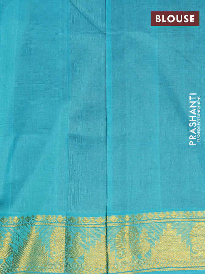 Silk cotton saree maroon and teal green with paisley & annam zari woven buttas and annam & temple design zari woven border