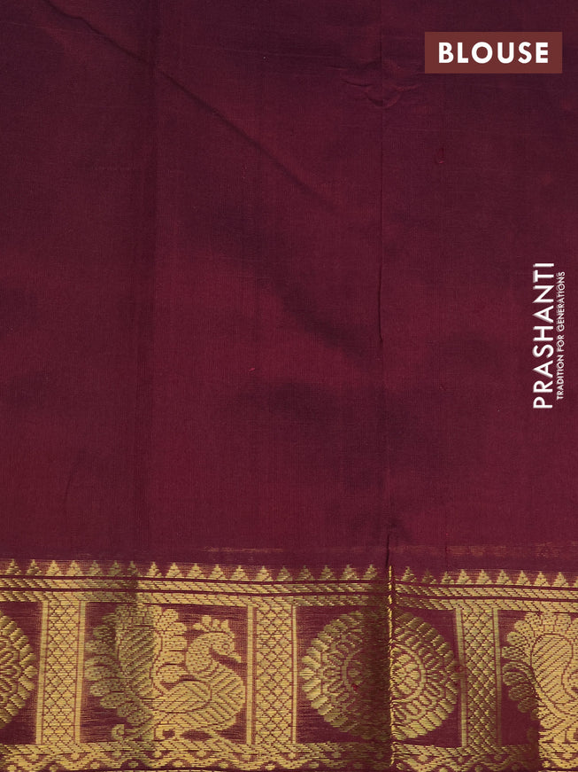 Silk cotton saree cs blue and wine shade with allover zari woven buttas and annam & rudhraksha zari woven border