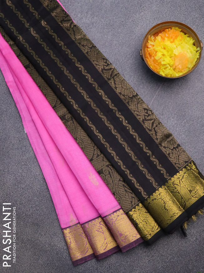 Silk cotton saree light pink and black with zari woven buttas and annam zari woven border