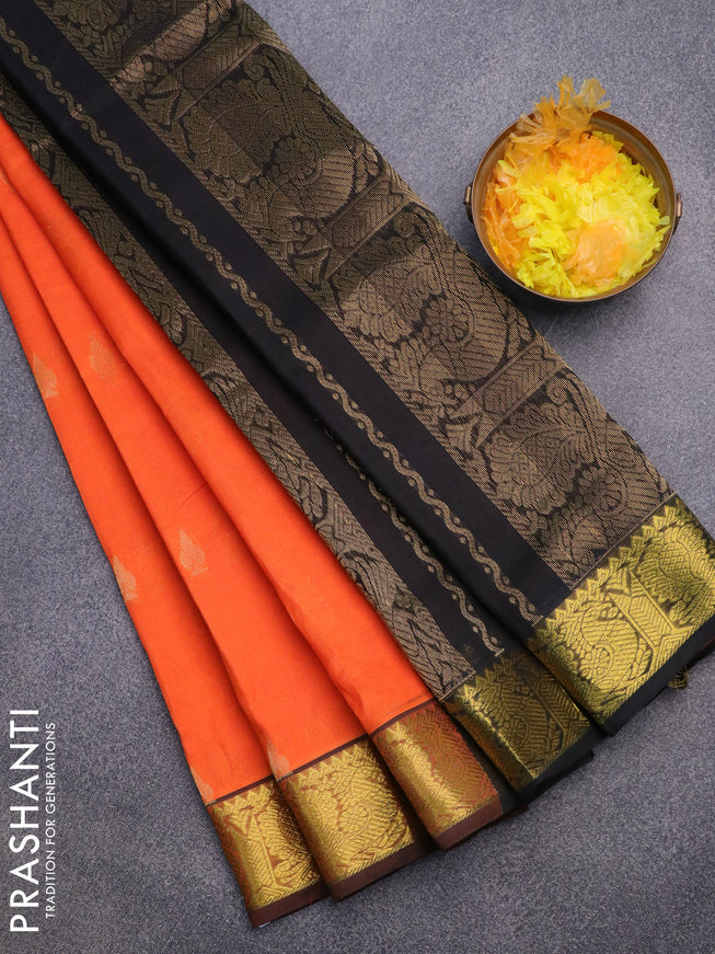 Silk cotton saree orange and black with zari woven buttas and annam zari woven border