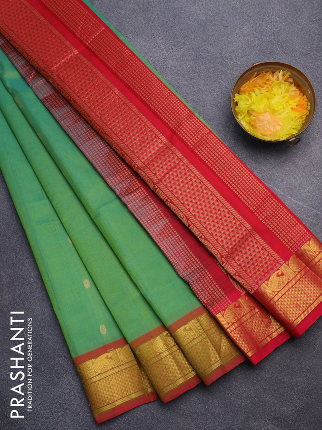 Silk cotton saree dual shade of greenish yellow and red with zari woven buttas and zari woven border