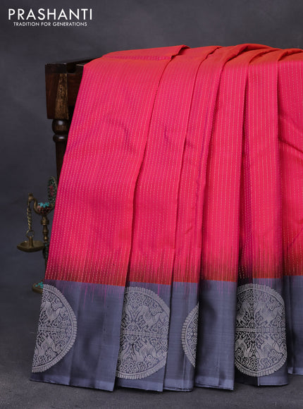 Pure soft silk saree dual shade of pink and grey with allover zari stripe pattern and silver zari woven butta border