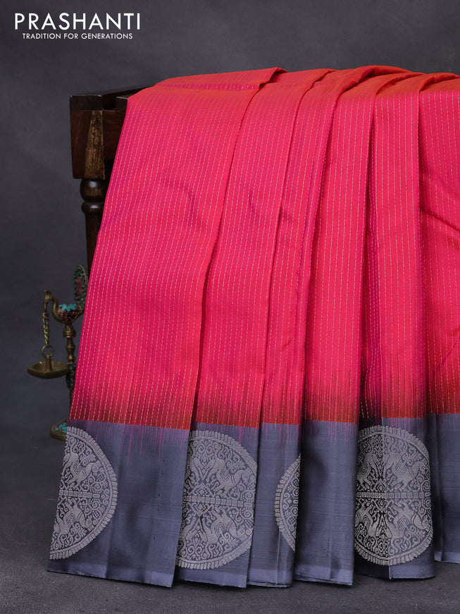 Pure soft silk saree dual shade of pink and grey with allover zari stripe pattern and silver zari woven butta border