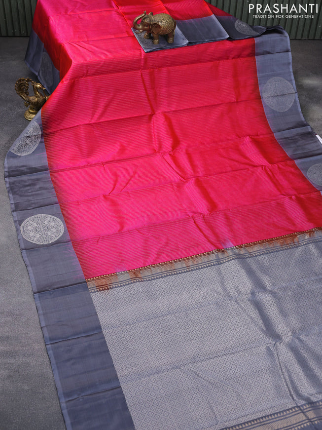 Pure soft silk saree dual shade of pink and grey with allover zari stripe pattern and silver zari woven butta border