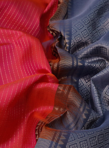 Pure soft silk saree dual shade of pink and grey with allover zari stripe pattern and silver zari woven butta border