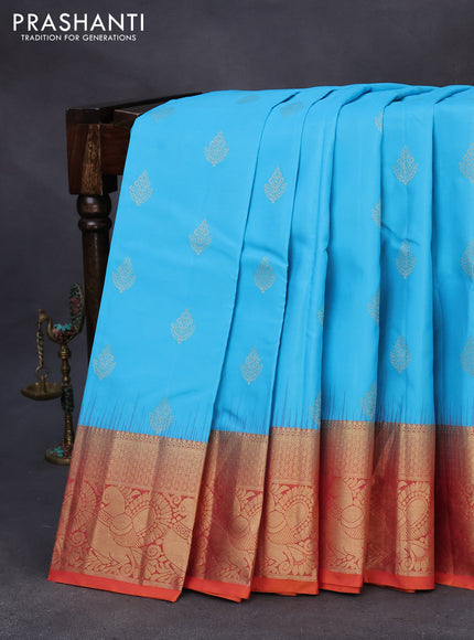 Pure soft silk saree light blue and dual shade of pinkish orange with zari woven buttas and rich zari woven annam border