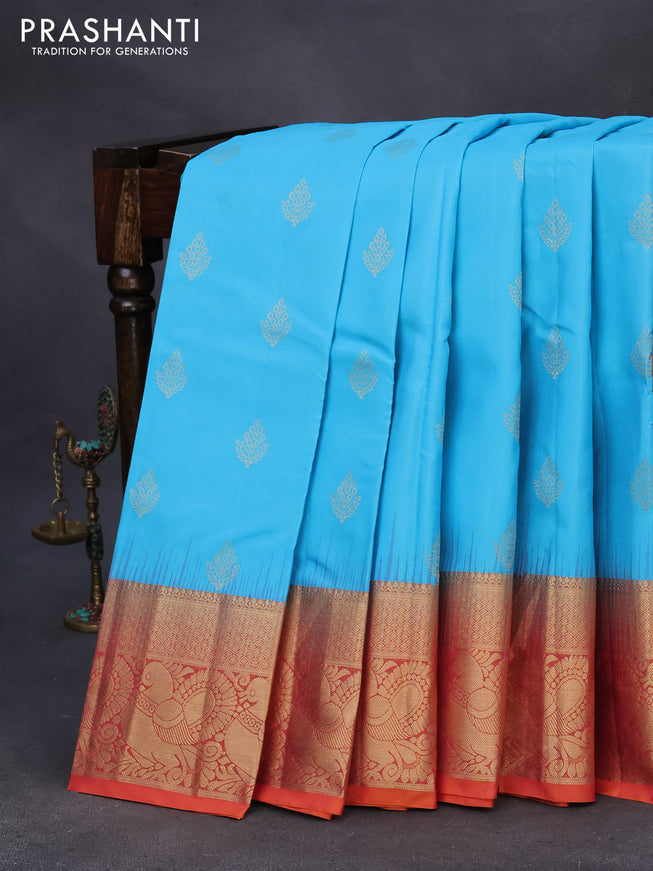 Pure soft silk saree light blue and dual shade of pinkish orange with zari woven buttas and rich zari woven annam border