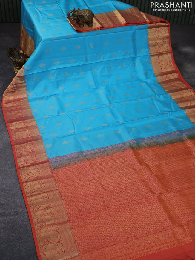 Pure soft silk saree light blue and dual shade of pinkish orange with zari woven buttas and rich zari woven annam border