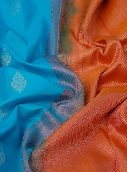 Pure soft silk saree light blue and dual shade of pinkish orange with zari woven buttas and rich zari woven annam border