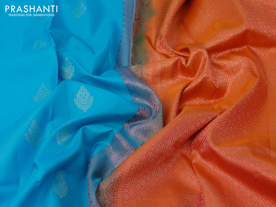 Pure soft silk saree light blue and dual shade of pinkish orange with zari woven buttas and rich zari woven annam border