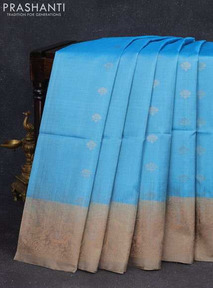 Pure soft silk saree light blue and grey with zari woven buttas and rich zari woven border