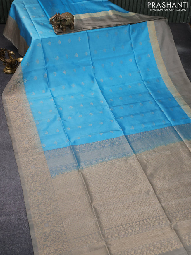 Pure soft silk saree light blue and grey with zari woven buttas and rich zari woven border