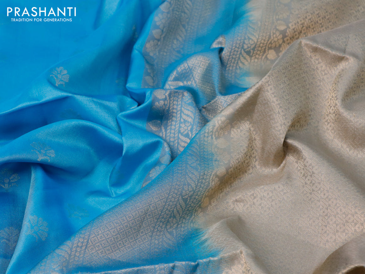 Pure soft silk saree light blue and grey with zari woven buttas and rich zari woven border