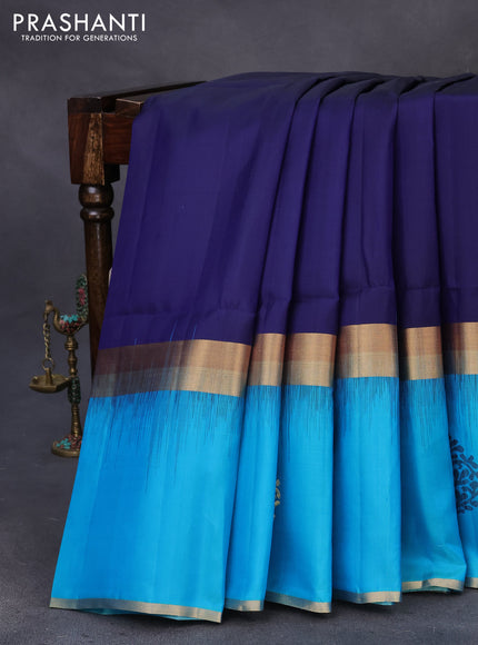 Pure soft silk saree navy blue and dual shade of light blue with plain body and long zari woven butta border