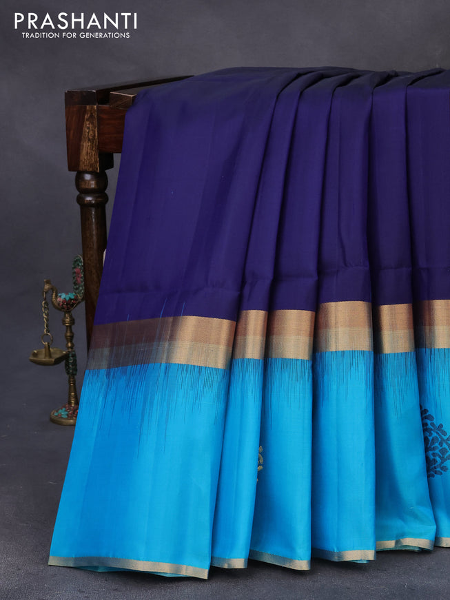 Pure soft silk saree navy blue and dual shade of light blue with plain body and long zari woven butta border