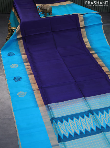 Pure soft silk saree navy blue and dual shade of light blue with plain body and long zari woven butta border