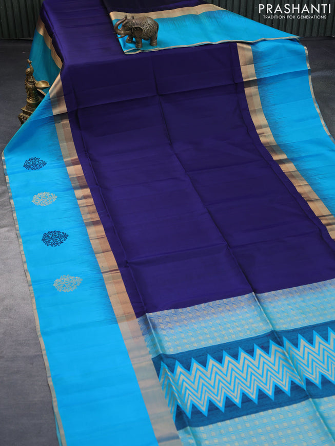 Pure soft silk saree navy blue and dual shade of light blue with plain body and long zari woven butta border