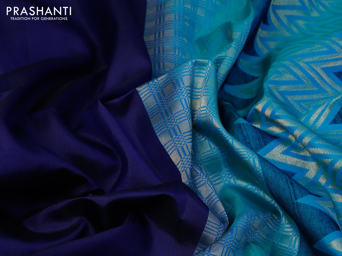 Pure soft silk saree navy blue and dual shade of light blue with plain body and long zari woven butta border