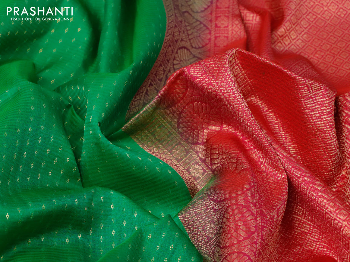 Pure soft silk saree green and pink with allover zari woven butta weaves and zari woven simple border