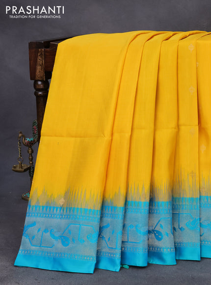 Pure soft silk saree mango yellow and dual shade of teal blue with zari woven buttas and rich zari woven border