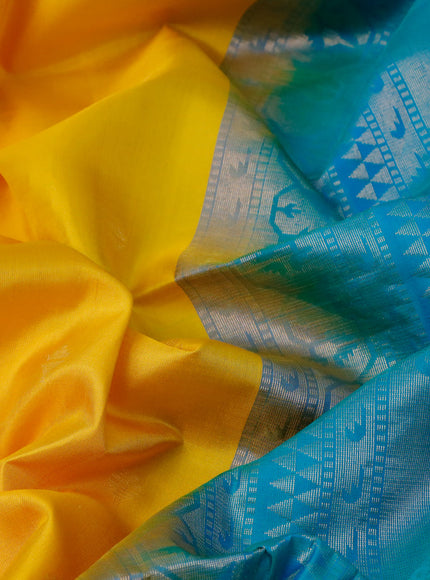 Pure soft silk saree mango yellow and dual shade of teal blue with zari woven buttas and rich zari woven border