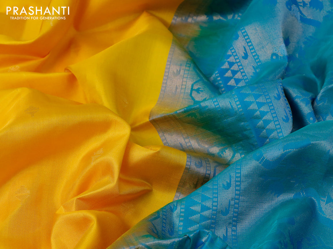 Pure soft silk saree mango yellow and dual shade of teal blue with zari woven buttas and rich zari woven border