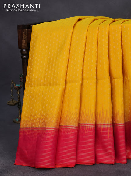 Pure soft silk saree mango yellow and dual shade of pink with allover zari woven butta weaves and zari woven border