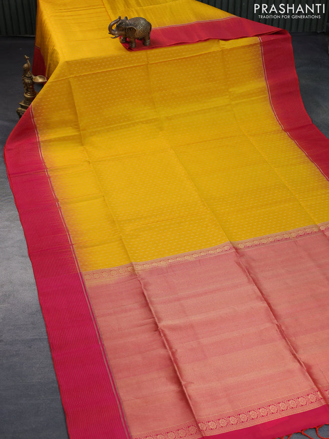 Pure soft silk saree mango yellow and dual shade of pink with allover zari woven butta weaves and zari woven border