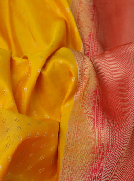 Pure soft silk saree mango yellow and dual shade of pink with allover zari woven butta weaves and zari woven border