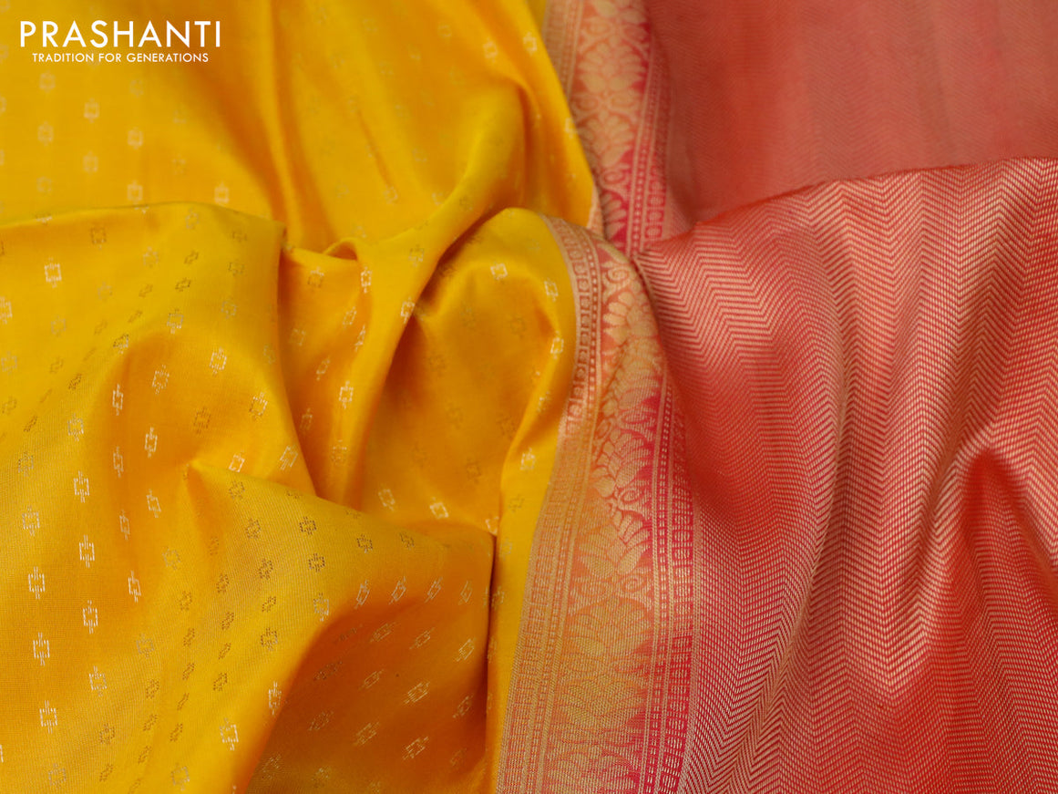 Pure soft silk saree mango yellow and dual shade of pink with allover zari woven butta weaves and zari woven border