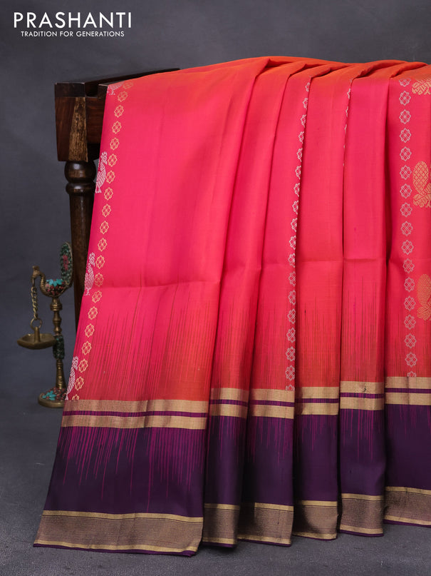 Pure soft silk saree dual shade of pinkish orange and deep purple with allover zari weaves & buttas and rettapet zari woven border