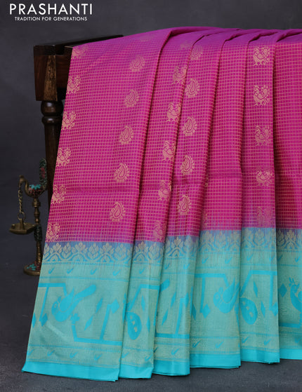 Pure soft silk saree purple and teal blue with allover zari woven checks & buttas and rich zari woven border