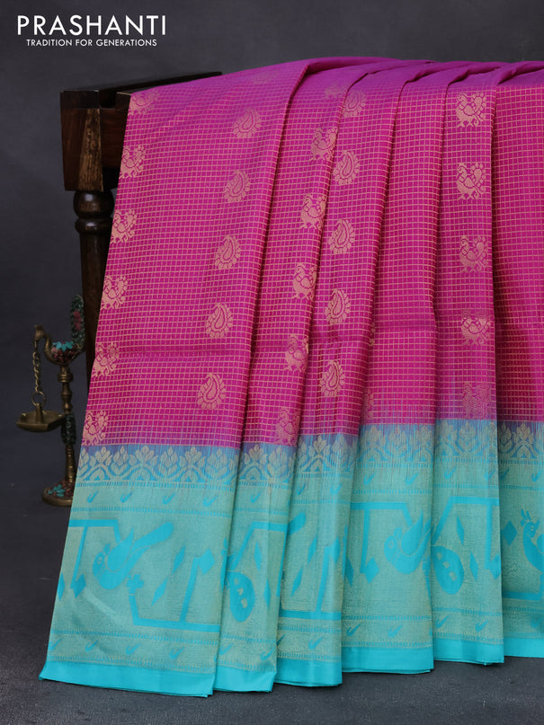 Pure soft silk saree purple and teal blue with allover zari woven checks & buttas and rich zari woven border