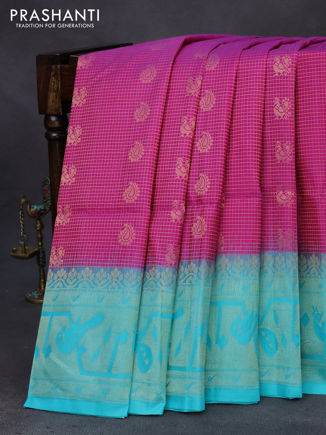 Pure soft silk saree purple and teal blue with allover zari woven checks & buttas and rich zari woven border