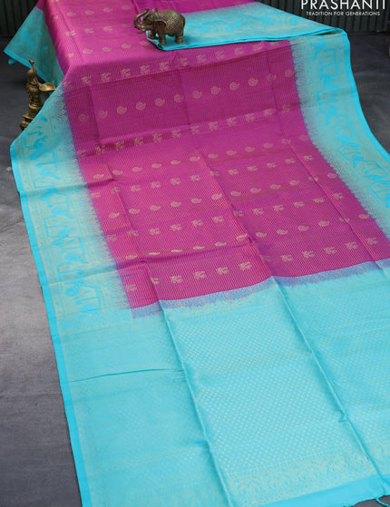 Pure soft silk saree purple and teal blue with allover zari woven checks & buttas and rich zari woven border