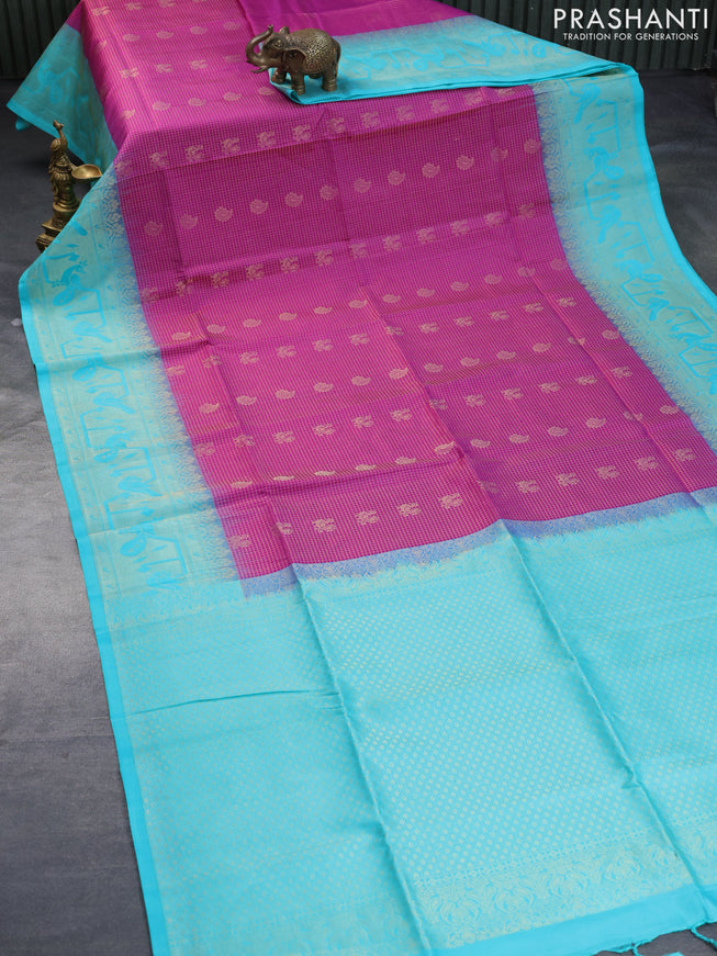 Pure soft silk saree purple and teal blue with allover zari woven checks & buttas and rich zari woven border