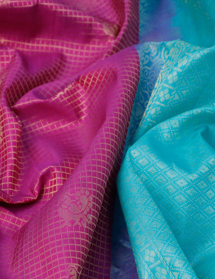 Pure soft silk saree purple and teal blue with allover zari woven checks & buttas and rich zari woven border