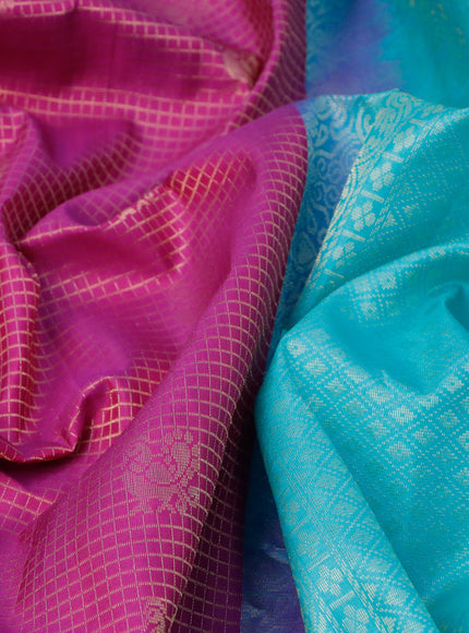 Pure soft silk saree purple and teal blue with allover zari woven checks & buttas and rich zari woven border