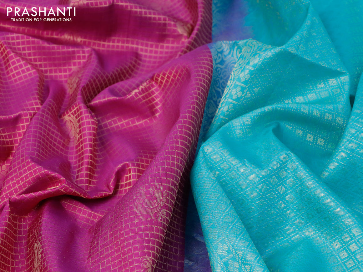 Pure soft silk saree purple and teal blue with allover zari woven checks & buttas and rich zari woven border