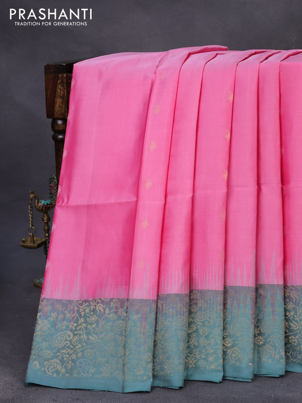 Pure soft silk saree pink and pastel blue with silver & gold zari woven buttas and rich zari woven border